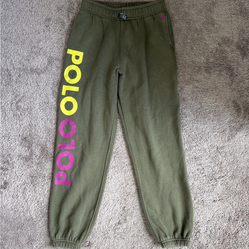 Polo by Ralph Lauren Olive Kids Jogger Sweatpants with Neon Logo